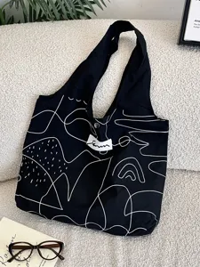 Große schwarz-weiße Canvas-Tragetasche mit abstraktem Linienmuster und viel Platz