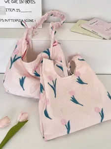 Sac Fourre-Tout pour Femmes avec Broderie de Tulipes Plissées Bandoulière à Volants en Polyester pour l'École Rose Sac