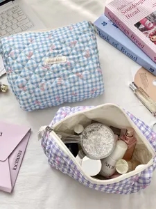 Large capacity blue and purple gingham quilted toiletry bag for cosmetics storage
