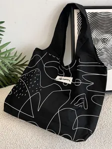 Künstlerische schwarz-weiße Canvas-Tragetasche mit abstraktem Liniendruck und viel Platz