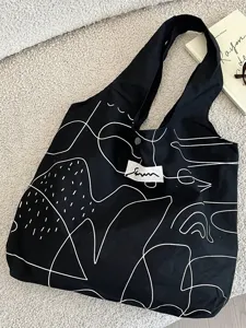Minimalistische schwarz-weiße Canvas-Tragetasche mit abstraktem Linienkunst-Druck