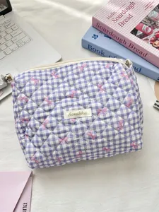 Cute purple gingham quilted cosmetic bag with pink bow pattern and metal zipper closure