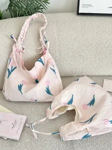 Sac cabas plissé rose avec imprimé tulipes et bandoulière à cordon de serrage