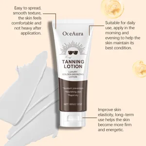 OceAura luxe gouden bruiningslotion 60g, gladde textuur voor zonbeschermingsverzorging.