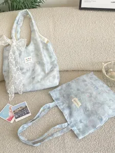 Korean Style Ice Blue Marble Floral Tote Bag Large Capacity Lace Bow Shoulder Bag Casual Printed School Commuter Bag For Women