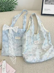 Large capacity ice blue watercolor floral tote bag with lace bow for daily commuting