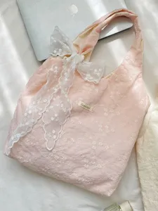 Pink cherry blossom embroidered tote bag with lace bow and gauze texture for daily use