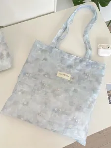 Light blue floral marble tote bag with large capacity for women