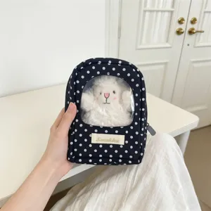 Polka dot itabag for plush doll storage with transparent display window