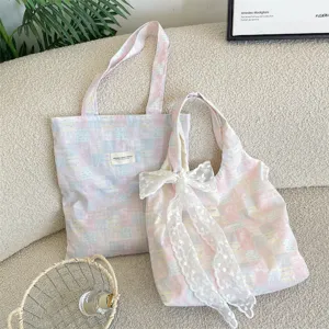 Elegant Korean style pink and blue plaid canvas tote bag with decorative lace bow detail