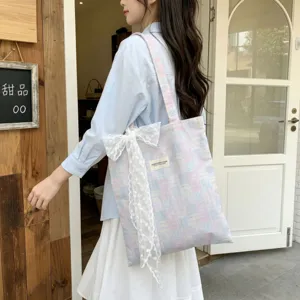 Korean style pink and blue plaid canvas tote bag featuring an elegant white lace bow