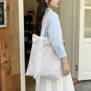 Korean style pink and blue plaid canvas tote bag with a decorative large white lace bow