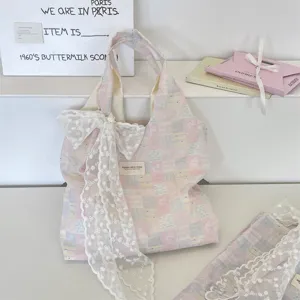 Korean style pink and blue checkered canvas tote bag with large decorative white lace bow