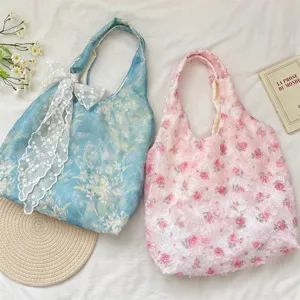 Stylish Korean floral and textured rose tote bags in soft blue and pink pastel shades