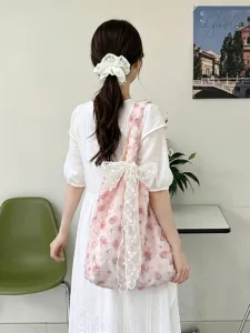 Korean style pink floral rose tote bag with lace bow for school and commute