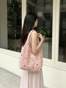 Sweet Girl Pink White Striped Tote Bag Heart Embroidery Lace Bow Shoulder Bag Polyester Handbag Casual Commuter Vest Bag