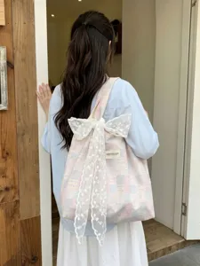 Korean style pink and blue checkered canvas tote bag with a large white lace bow