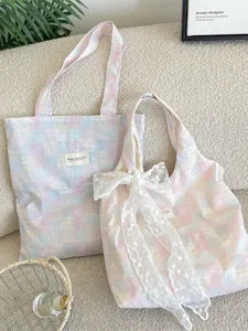 Pastel pink and blue plaid canvas tote bag with a lace bow for girls school