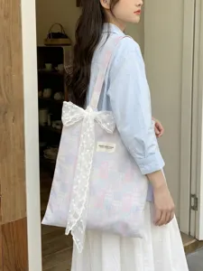 Korean style pink and blue plaid canvas tote bag with a large decorative white lace bow