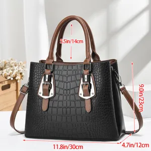 Crocodile embossed handbag dimensions showing 30x23x12cm size with brown top handles