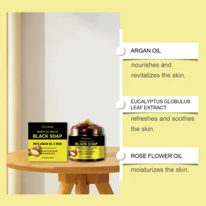 Savon noir marocain à l'huile d'argan OceAura 180g vue détaillée aux huiles nourrissantes.