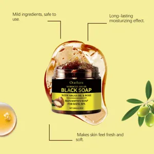Détails du savon noir à l'argan du Maroc OceAura, nettoyage en profondeur et hydratation spa.