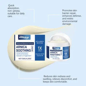 Detail view of South Moon arnica soothing cream jar with smooth texture and key ingredients.