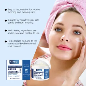 Detail view of South Moon arnica soothing face cream applied on model skin, fresh and natural.