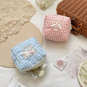 Quilted makeup bag with cute heart lace bow check pattern portable cosmetic storage pouch