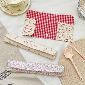 Bolsa de almacenamiento de cubiertos a cuadros y flores, bolso organizador portátil.