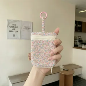 Ins style floral print key pouch with double zippers and hanging clasp for daily use.