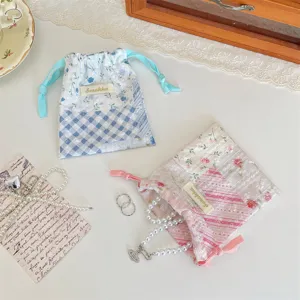 Blumen Karo Patchwork Kordelzug Aufbewahrungstasche fur Damen Schmuck Kosmetik tragbar Alltag.