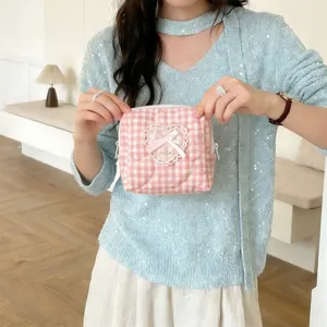 Pink gingham quilted makeup bag with cute heart lace bow, portable cosmetic storage pouch.