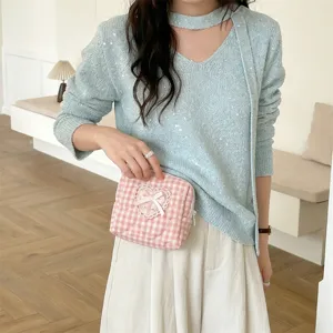 Pink gingham quilted cosmetic bag featuring sweet heart lace and cute bow for daily storage use.