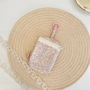 Ins floral key pouch with double zippers and hanging ring, portable cute coin purse and earphone bag.