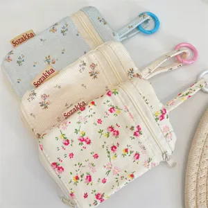 Floral corduroy key pouch double zipper cute coin purse portable earphone storage