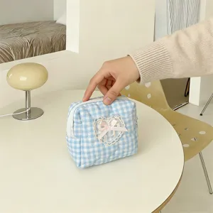 Blue gingham quilted cosmetic pouch with lace heart bow cute makeup storage bag for women