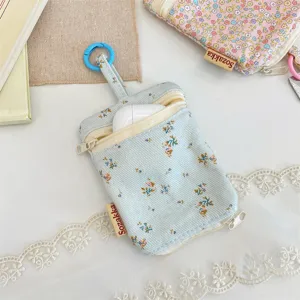 Ins style floral corduroy double zipper key pouch portable cute earphone storage bag with ring