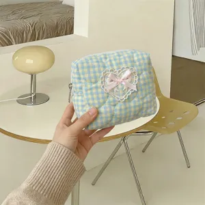 Cute blue yellow plaid quilted cosmetic pouch with lace heart bow for daily makeup storage.