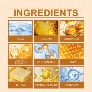 Key ingredients infographic detail of moisturizing cream featuring natural tallow and honey.