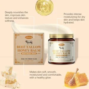 WoodSleep grass fed beef tallow honey balm moisturizer cream for face and body skin care detail.