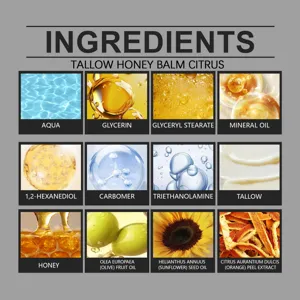 Tabella ingredienti della crema viso al sego e miele con oli naturali ed estratti vegetali.
