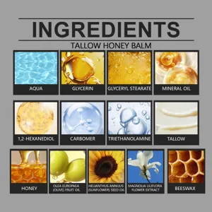Vista dettagliata degli ingredienti del balsamo nutriente con componenti attivi essenziali.