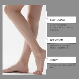 Body care cream detail view highlighting natural ingredients like beef tallow, bee venom and honey.