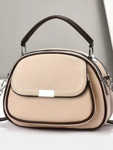 Elegante beige Damenhandtasche mit mehreren Fächern, braunem Rand und Schultergurt-Design