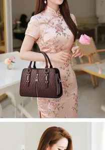 Elegant dark brown diamond embossed structured handbag held by a model in a qipao