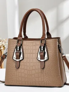 Elegant khaki crocodile embossed tote bag with brown handles and large capacity