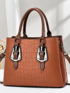 Classic brown crocodile embossed leather handbag with large capacity and stylish metal buckles