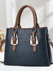 Large capacity women's tote bag with crocodile embossed pattern and shoulder strap
