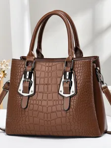Elegant brown crocodile embossed tote bag with large capacity for women's daily commute